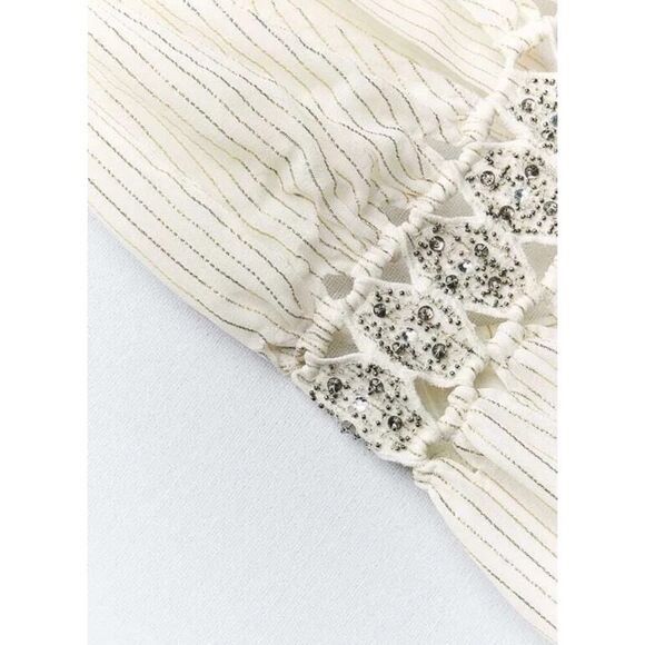 Zara White Gold Halter Maxi Dress Lurex Viscose Lace Waist Size S Limited - Picture 7 of 12